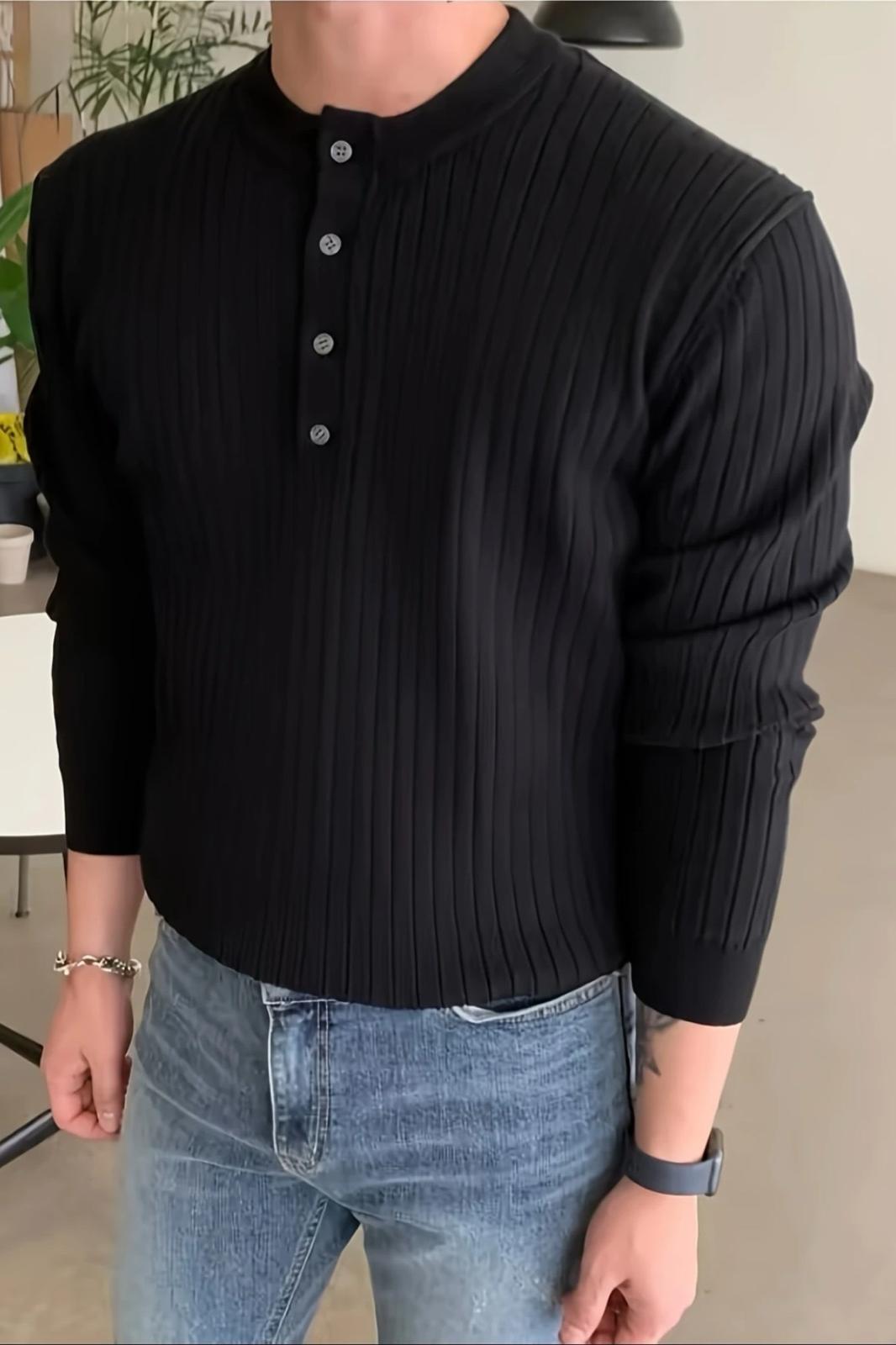 Memphis Slim Fit Düğmeli Henley Yaka Triko Kazak