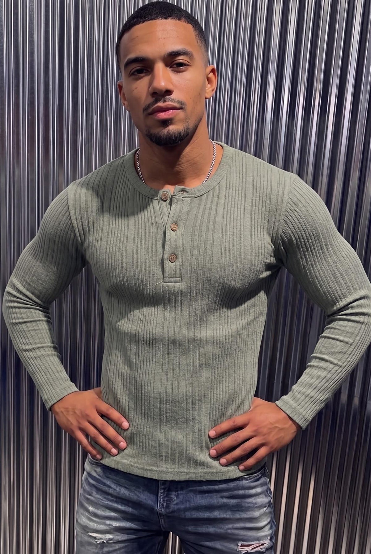 Mikx Erkek Düğmeli Likralı Fitilli Uzun Kollu Slim Fit Henley Yaka Tişört / Casual Günlük Bluz