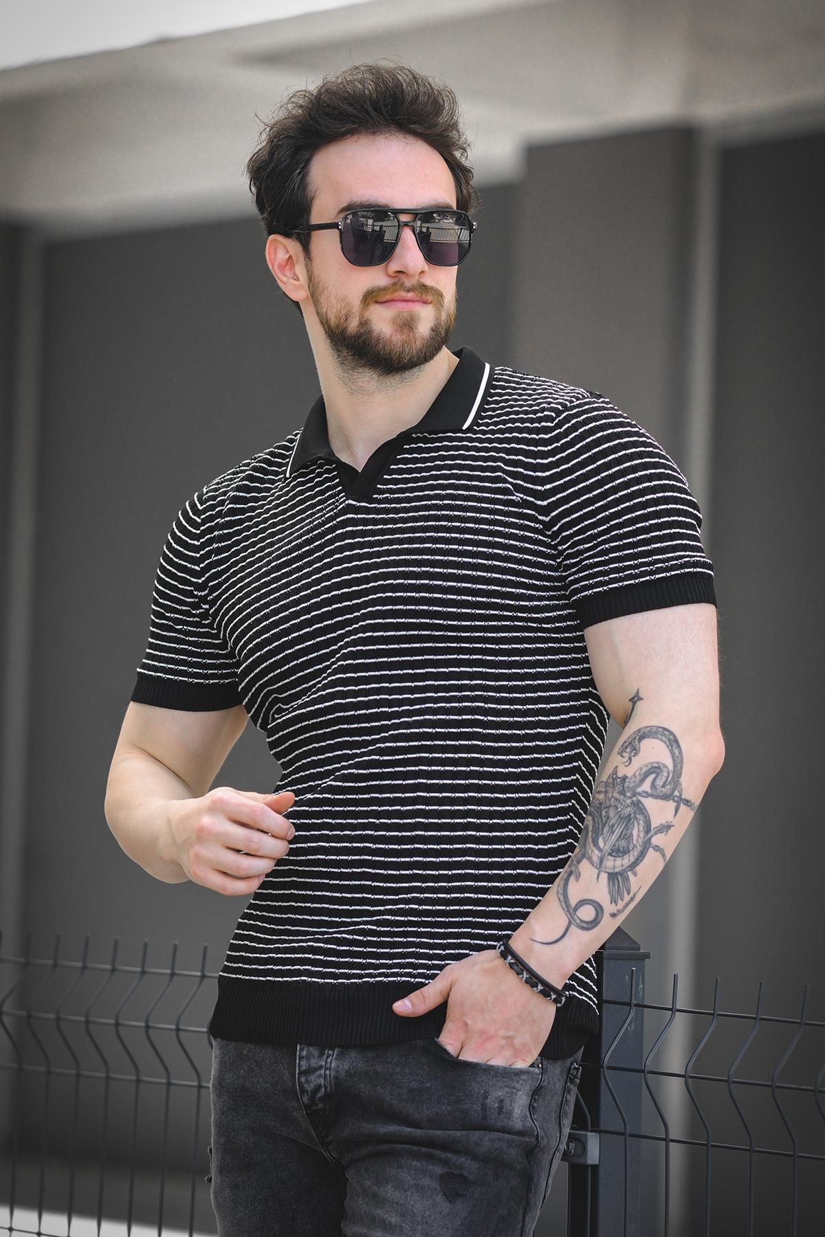 Mirko Çizgili Likralı Slim Fit Polo Yaka Örme Erkek Triko Tshirt