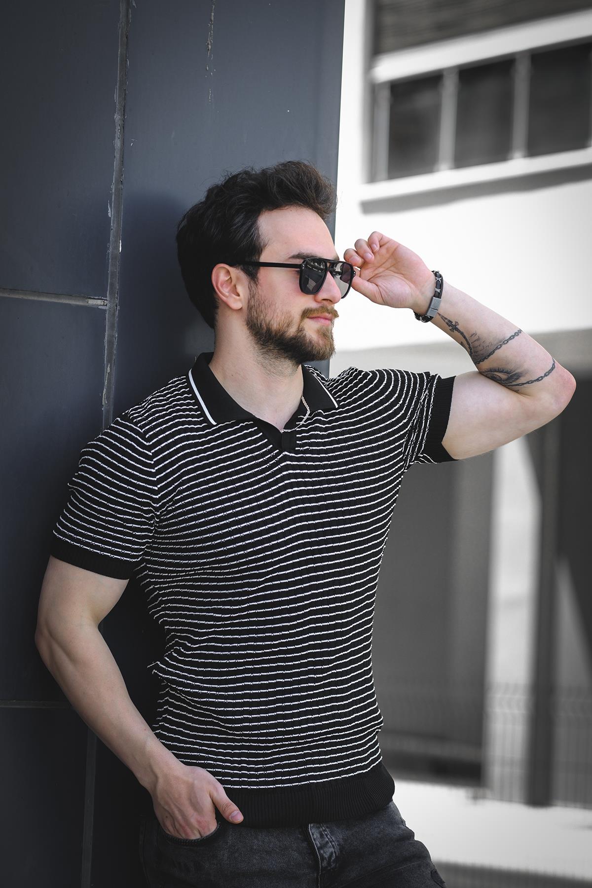 Mirko Çizgili Likralı Slim Fit Polo Yaka Örme Erkek Triko Tshirt