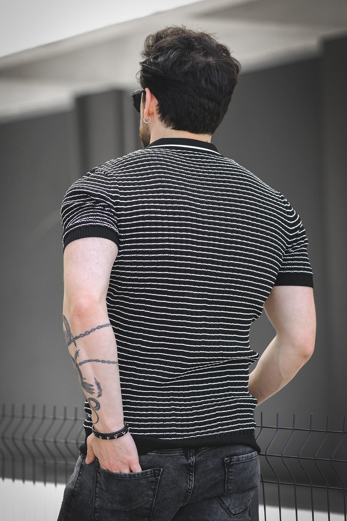 Mirko Çizgili Likralı Slim Fit Polo Yaka Örme Erkek Triko Tshirt