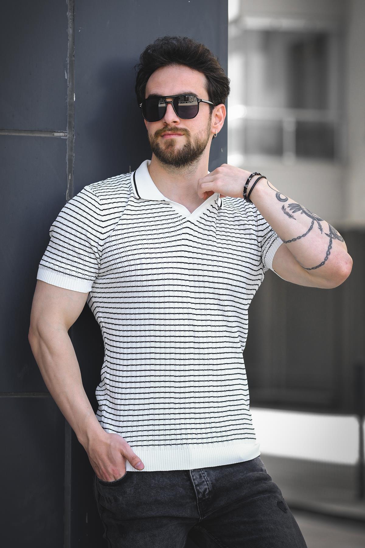 Mirko Çizgili Likralı Slim Fit Polo Yaka Örme Erkek Triko Tshirt