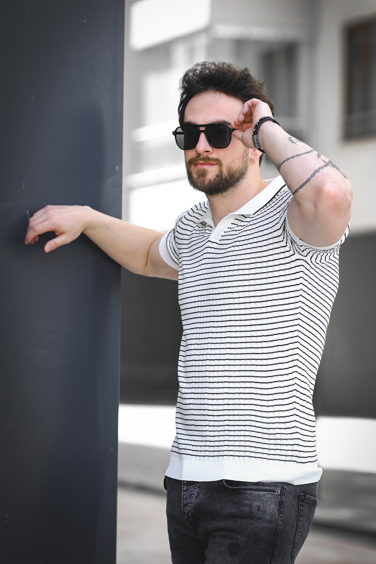 Mirko Çizgili Likralı Slim Fit Polo Yaka Örme Erkek Triko Tshirt