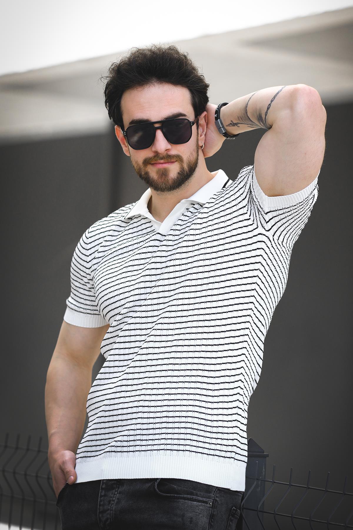Mirko Çizgili Likralı Slim Fit Polo Yaka Örme Erkek Triko Tshirt