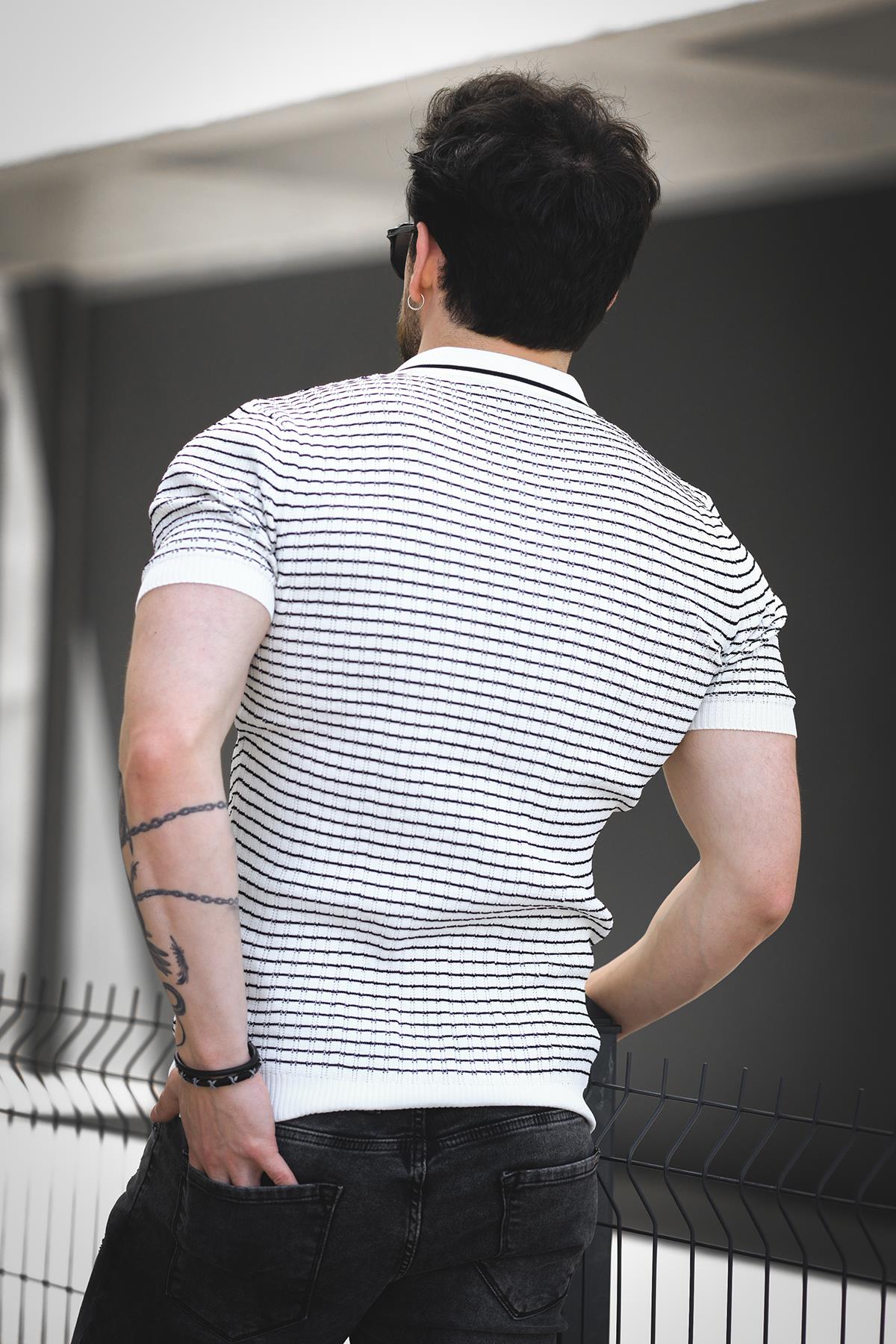 Mirko Çizgili Likralı Slim Fit Polo Yaka Örme Erkek Triko Tshirt