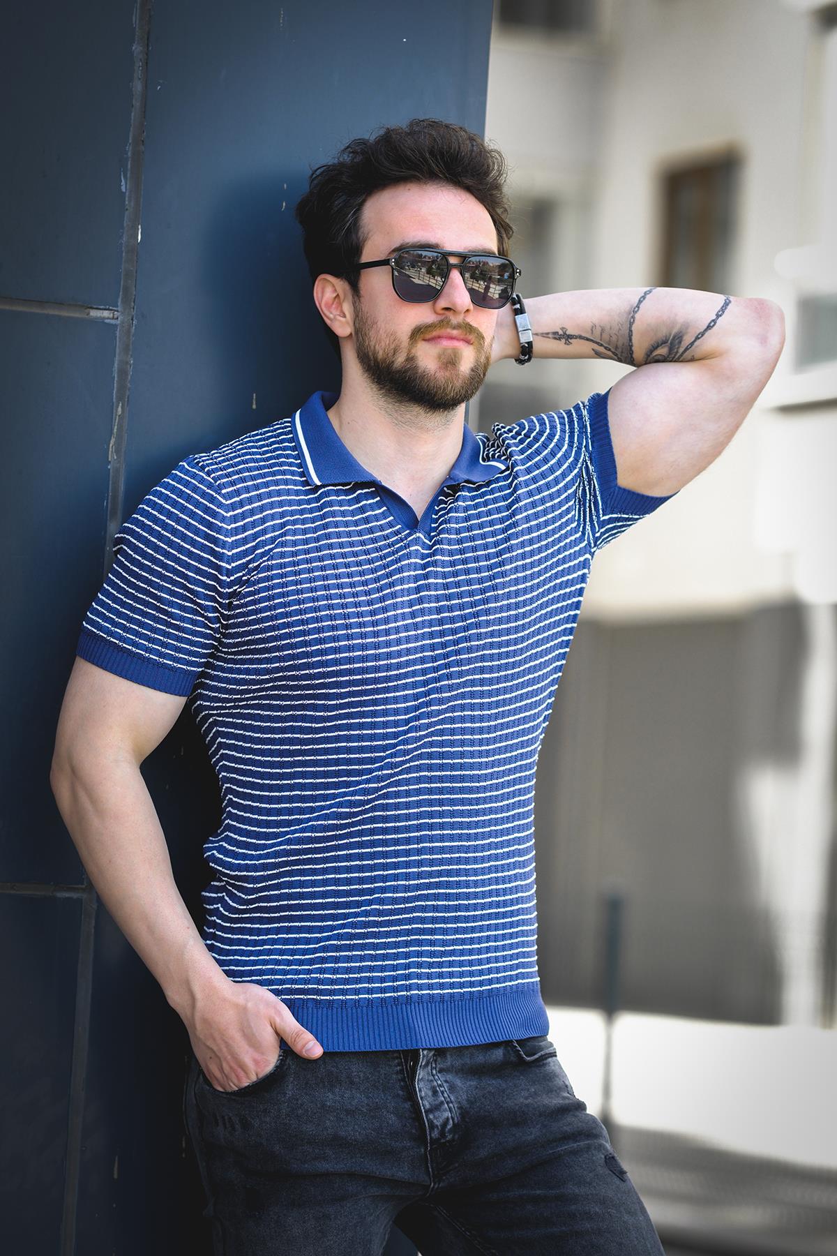 Mirko Çizgili Likralı Slim Fit Polo Yaka Örme Erkek Triko Tshirt