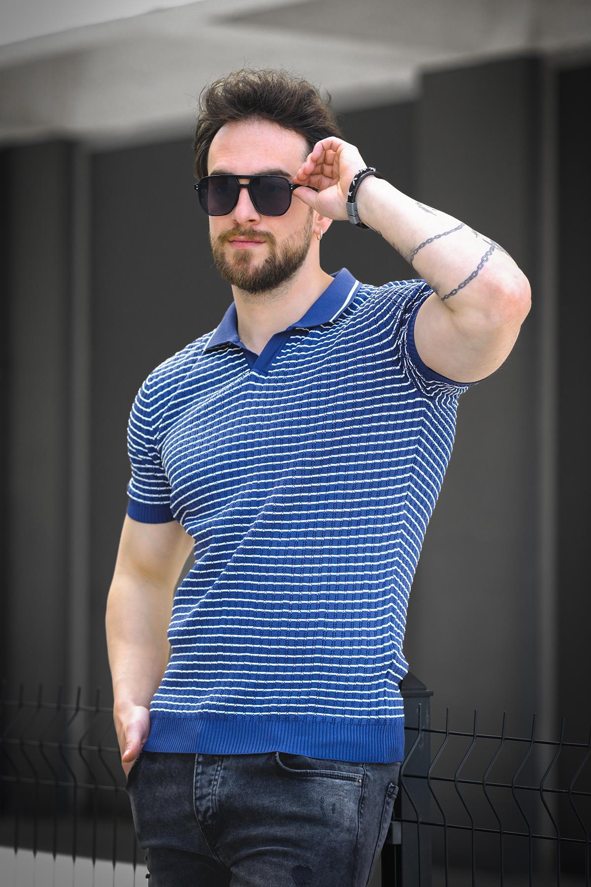 Mirko Çizgili Likralı Slim Fit Polo Yaka Örme Erkek Triko Tshirt