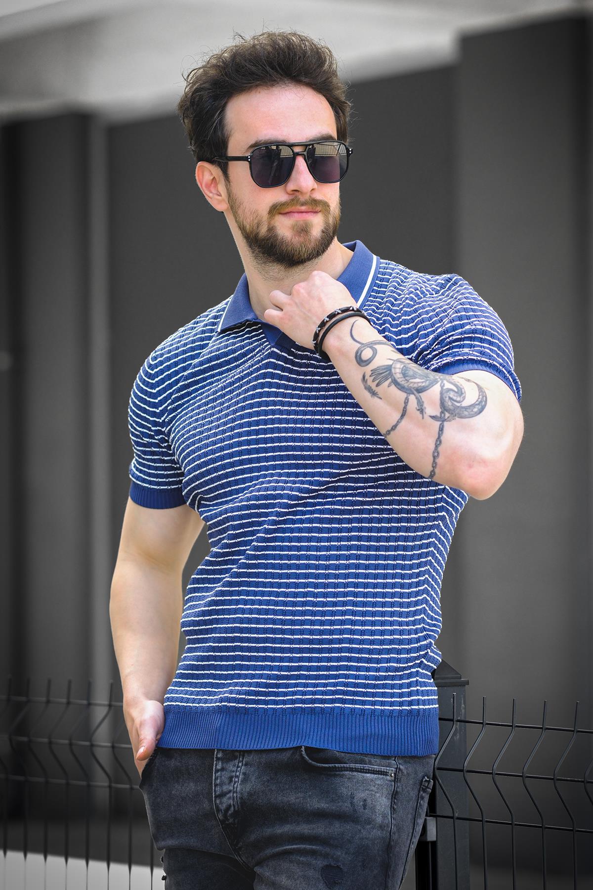 Mirko Çizgili Likralı Slim Fit Polo Yaka Örme Erkek Triko Tshirt