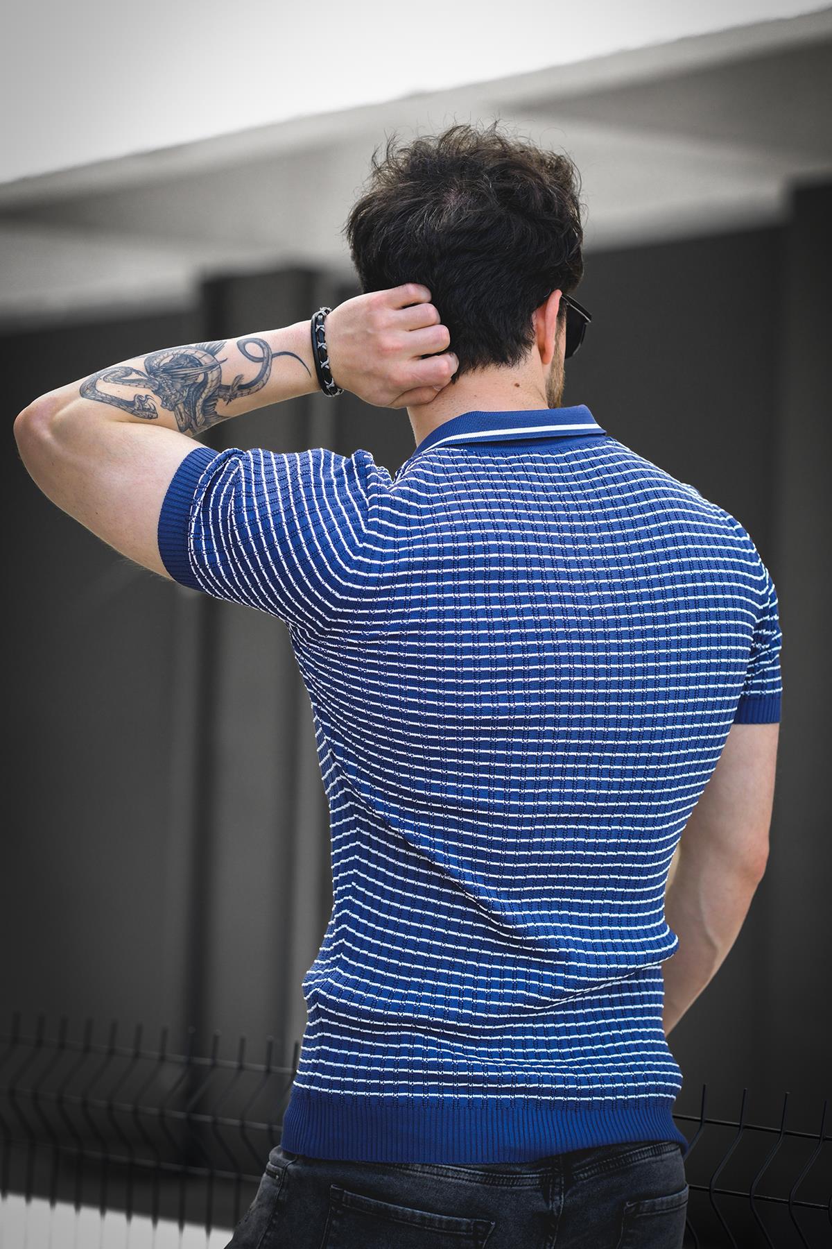 Mirko Çizgili Likralı Slim Fit Polo Yaka Örme Erkek Triko Tshirt