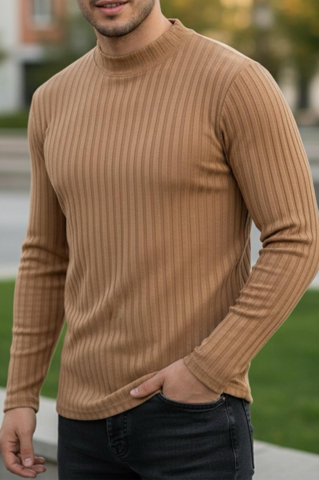 Monz Fitilli Slim Fit Likralı Yüksek Yaka Erkek Uzun Kol Tshirt