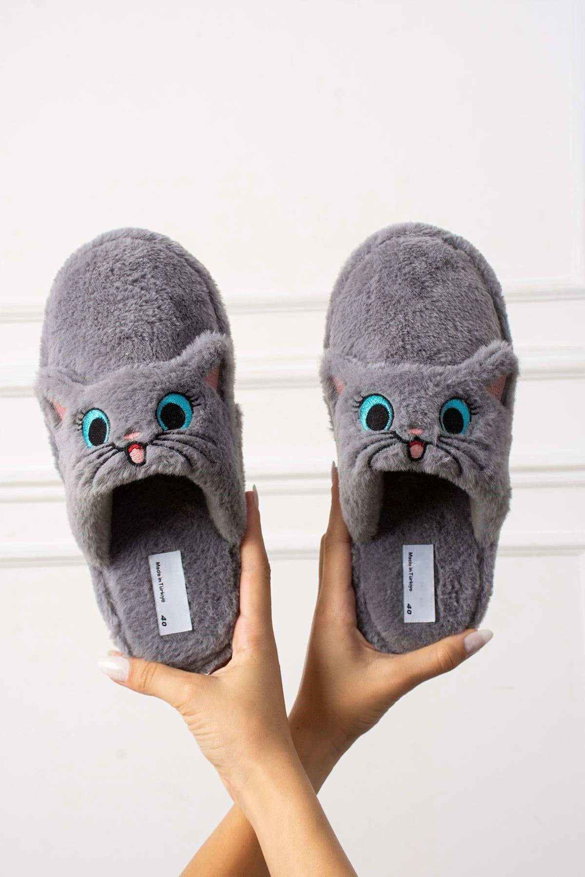My Kedi Nakışlı Kadın Ev Terliği Peluş Terlik Çeyiz ve Bohça Terliği Ses Yapmaz Kalın Taban