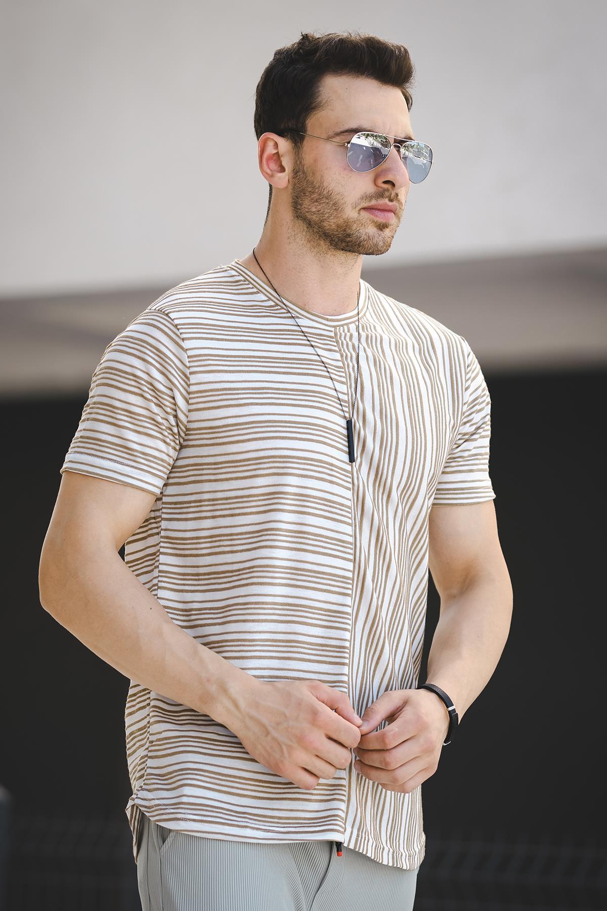 Nezza Çizgili Parçalı Eteği Oval Slim Fit Likralı Erkek Tshirt