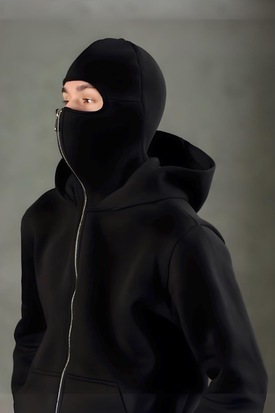 Ninja Kar Maskeli Kapüşonlu Üç İplik Pamuklu Fermuarlı Unisex Sweatshirt