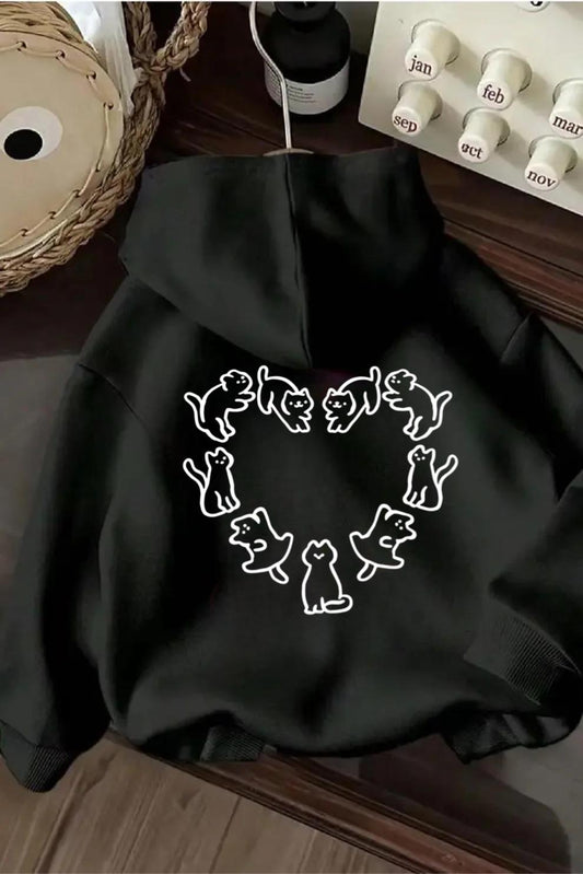 Oval Kedi Sırt Baskılı İçi Pamuklu Unisex Sweatshirt