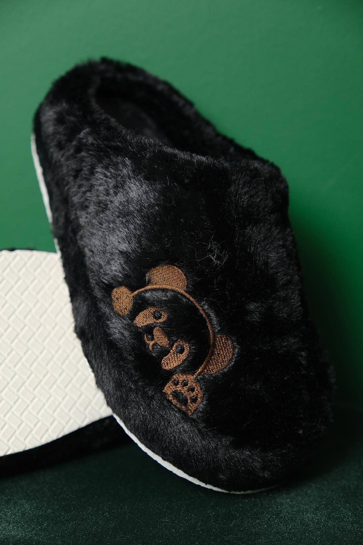 Panda Nakışlı Kadın Ev Terliği Peluş Terlik Çeyiz ve Bohça Terliği Ses Yapmaz Kalın Taban