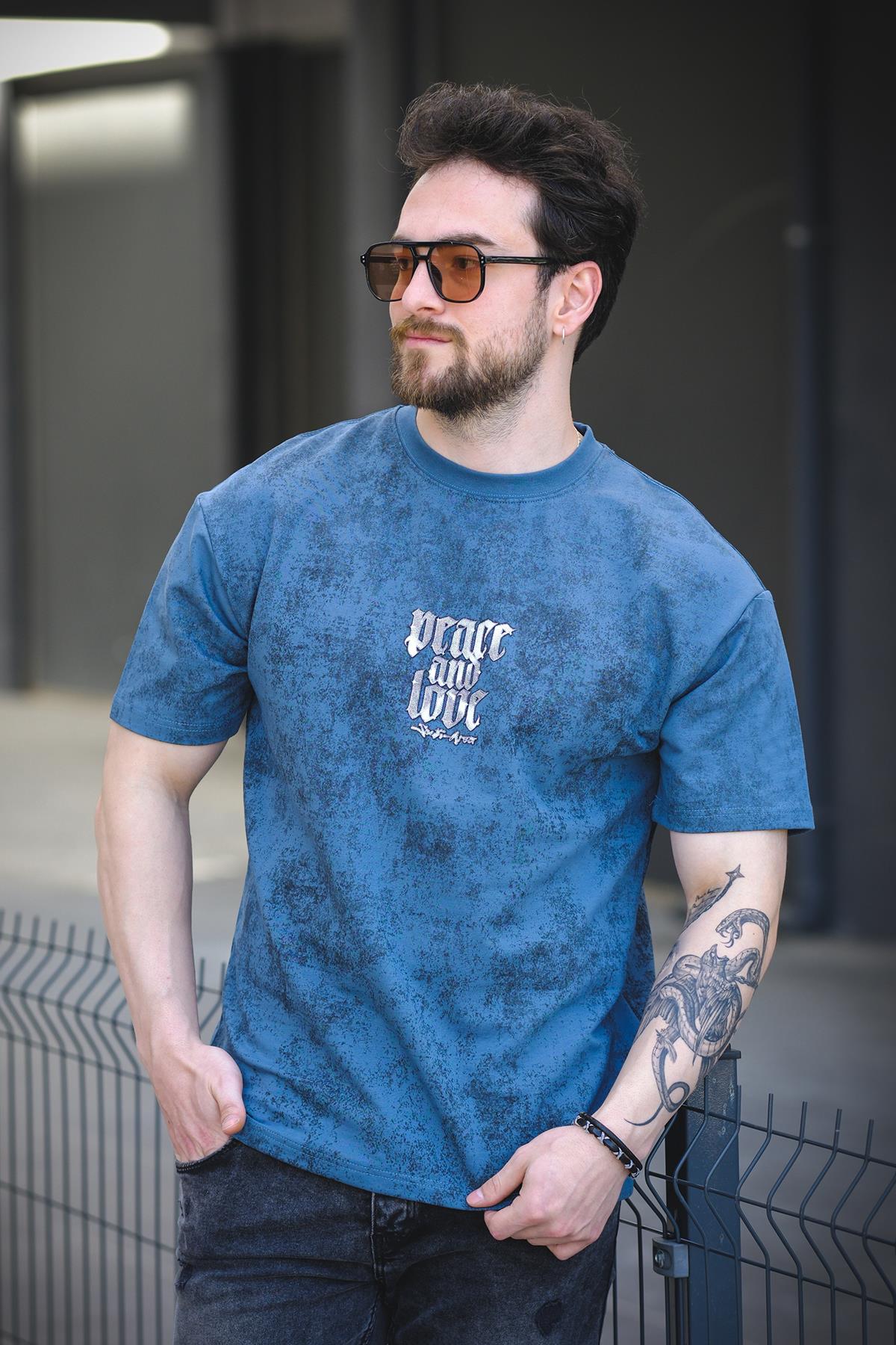 Peace And Love Yıkamalı Sırt ve Ön Baskılı Pamuklu Comfort Erkek Tshirt