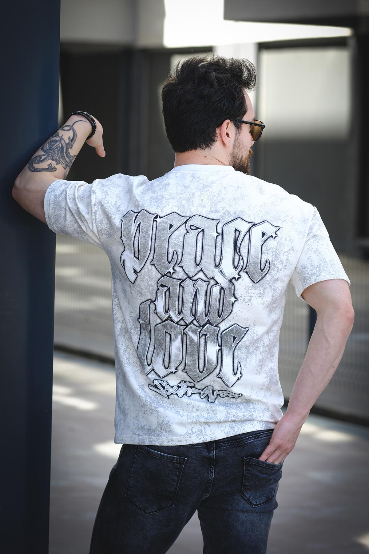 Peace And Love Yıkamalı Sırt ve Ön Baskılı Pamuklu Comfort Erkek Tshirt