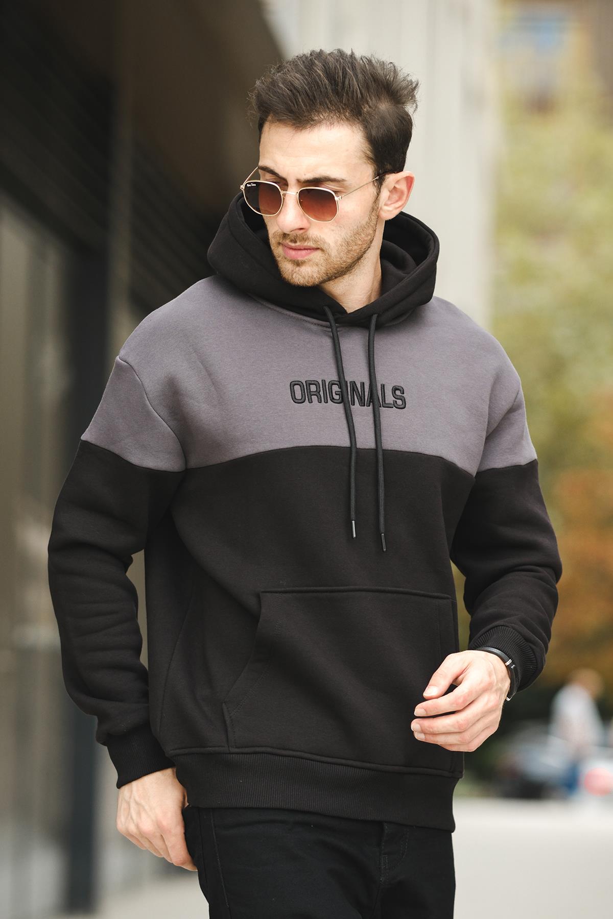 Perez Nakışlı Üç İplik Pamuklu Parçalı Kapüşonlu Erkek Sweatshirt