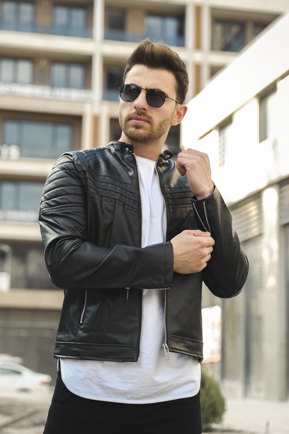 Oresto Extra Slim Fit İçi Polarlı Ön Göğüs Dikişli Erkek Deri Mont