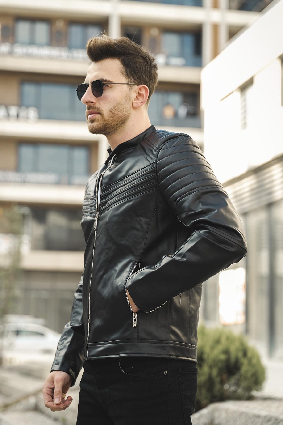 Oresto Extra Slim Fit İçi Polarlı Ön Göğüs Dikişli Erkek Deri Mont