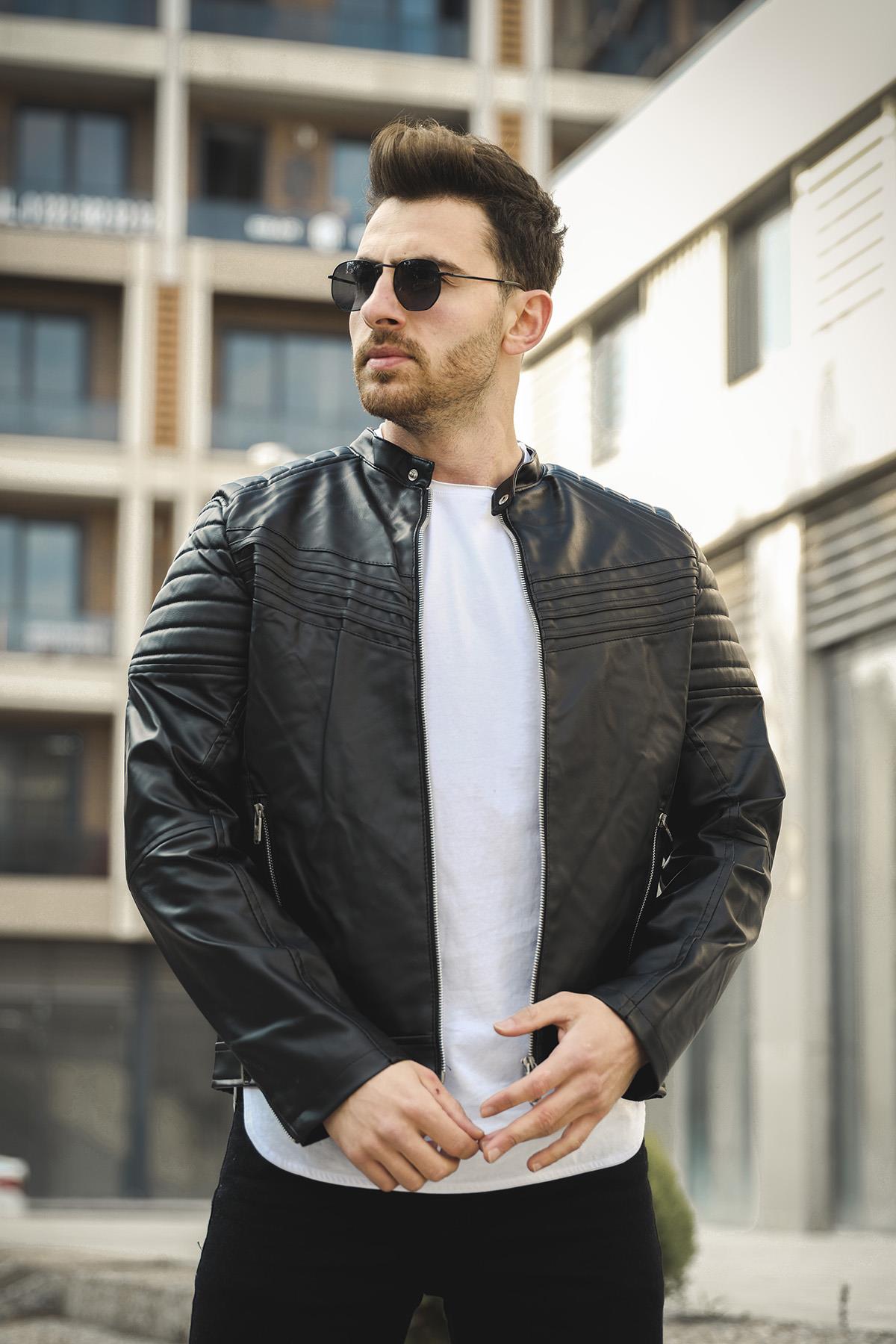 Oresto Extra Slim Fit İçi Polarlı Ön Göğüs Dikişli Erkek Deri Mont