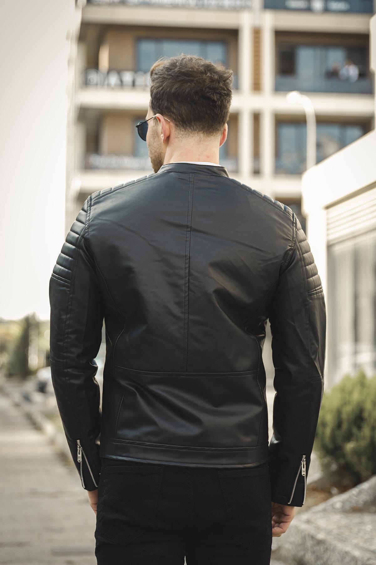 Oresto Extra Slim Fit İçi Polarlı Ön Göğüs Dikişli Erkek Deri Mont