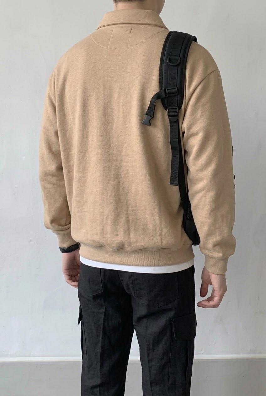 Polx Erkek Polo Yaka Fermuarlı Sweatshirt - Yarım Fermuarlı Rahat Kalıp Düz Renk Sweat