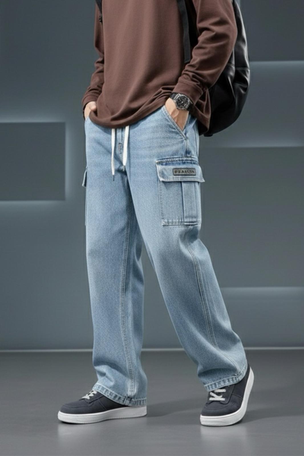 Reax Luiz Beli Lastikli ve İpli Komando Baggy Fit Kot Kargo Pantolon