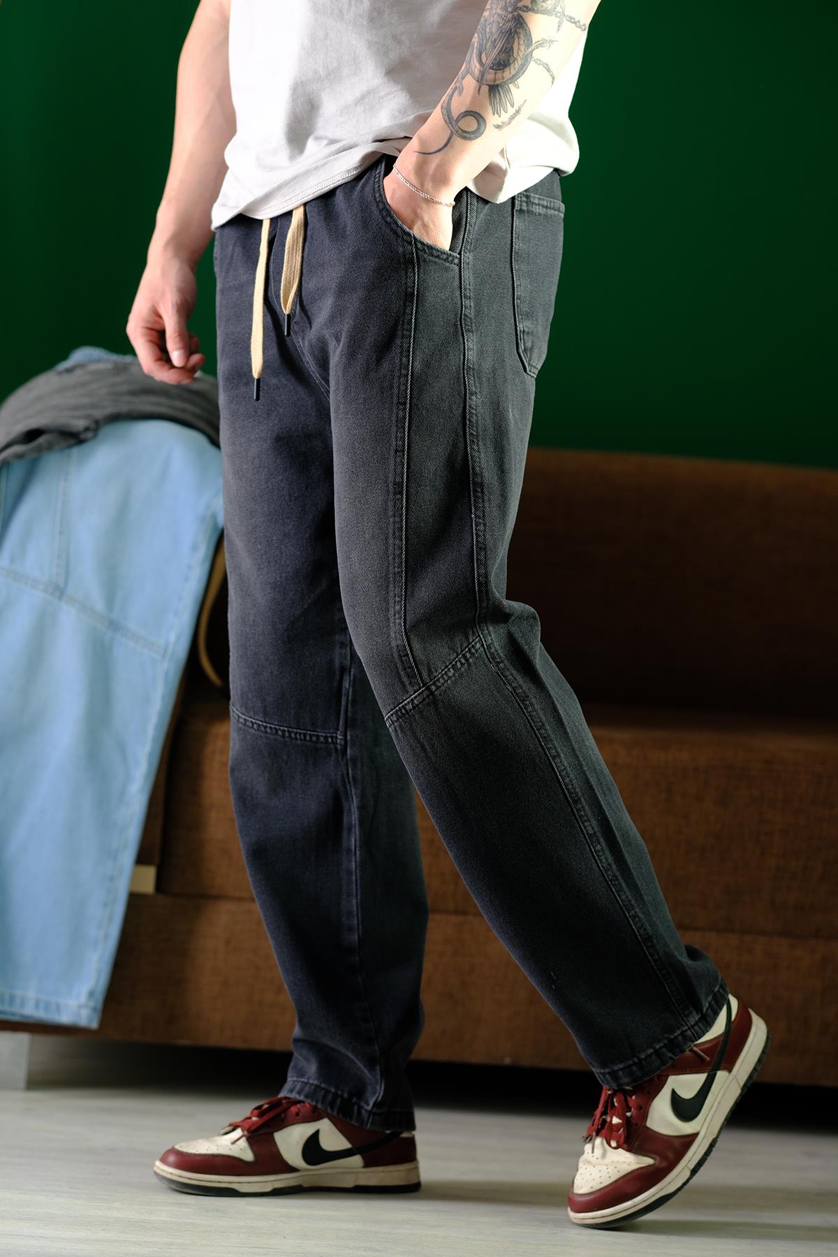 Reax Camils Beli Lastikli İpli Düz Paça Rahat Kesim Erkek Jean Pantolon