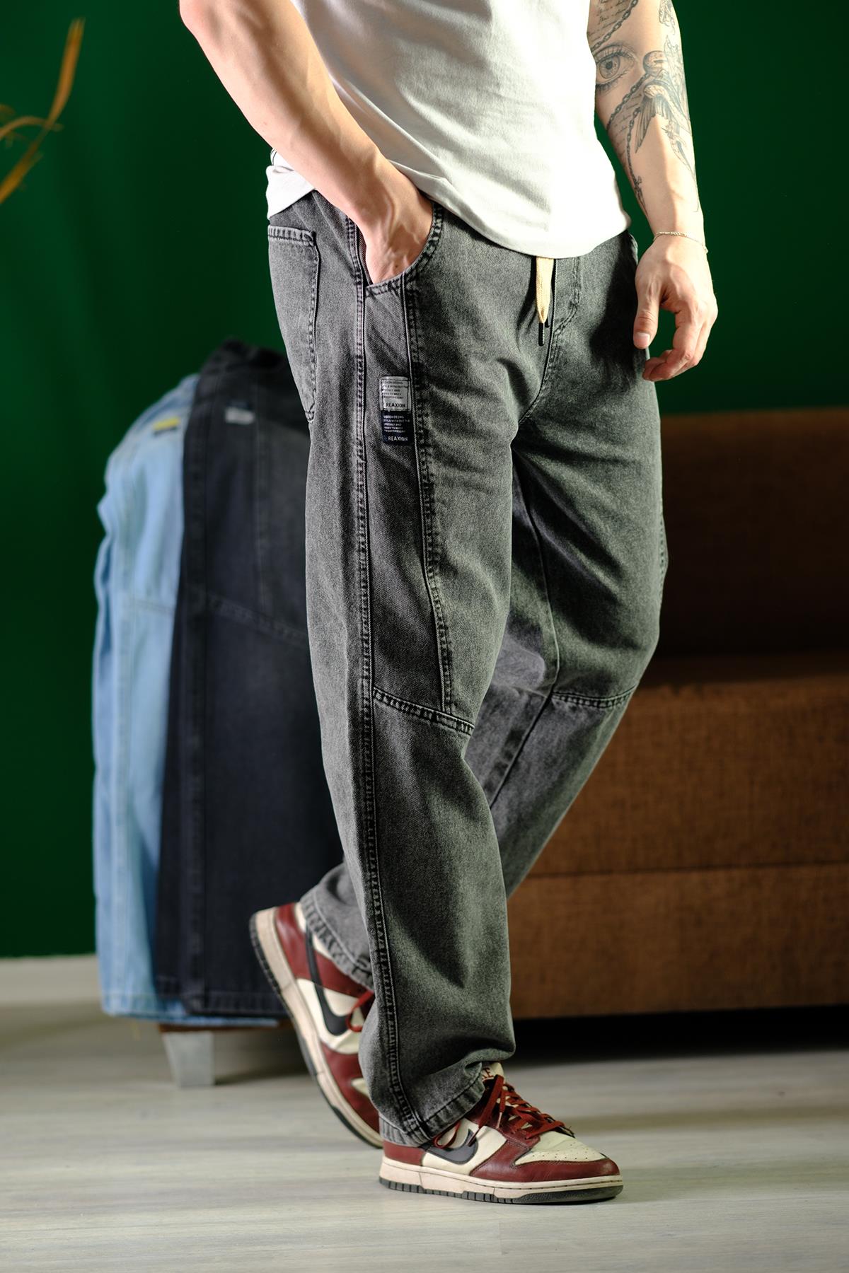 Reax Camils Beli Lastikli İpli Düz Paça Rahat Kesim Erkek Jean Pantolon