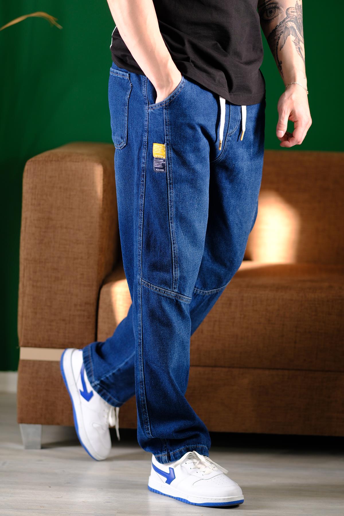Reax Camils Beli Lastikli İpli Düz Paça Rahat Kesim Erkek Jean Pantolon