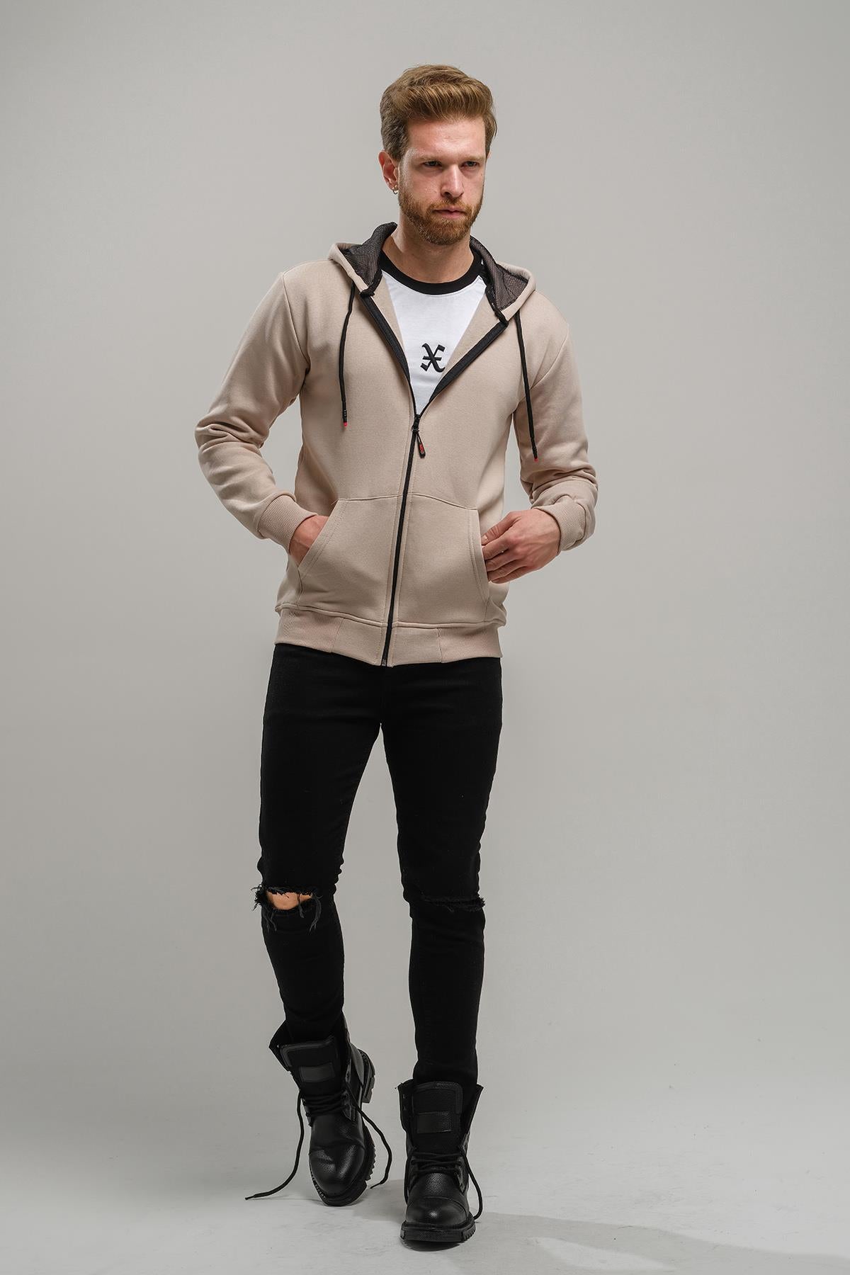 Regnault Üç İplik Pamuklu Kapüşonu File Detaylı Fermuarlı Sweatshirt