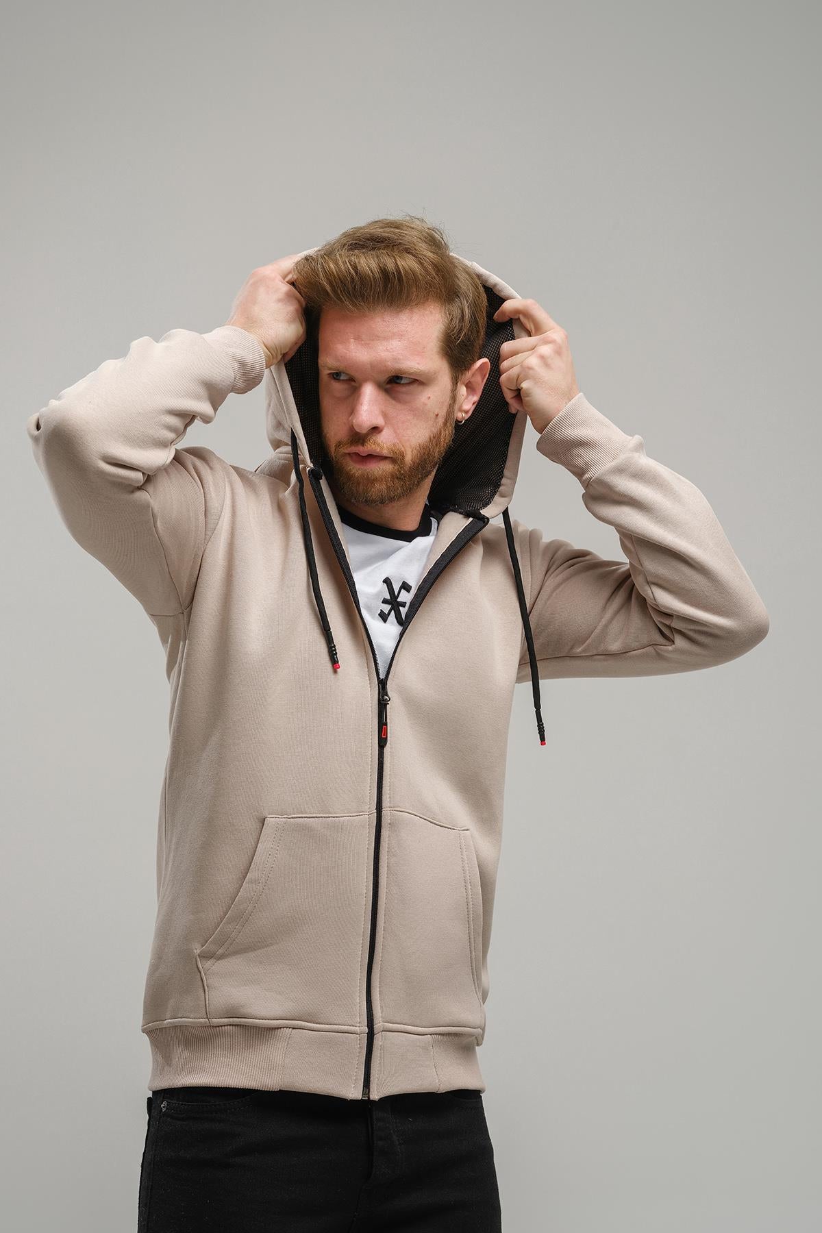 Regnault Üç İplik Pamuklu Kapüşonu File Detaylı Fermuarlı Sweatshirt