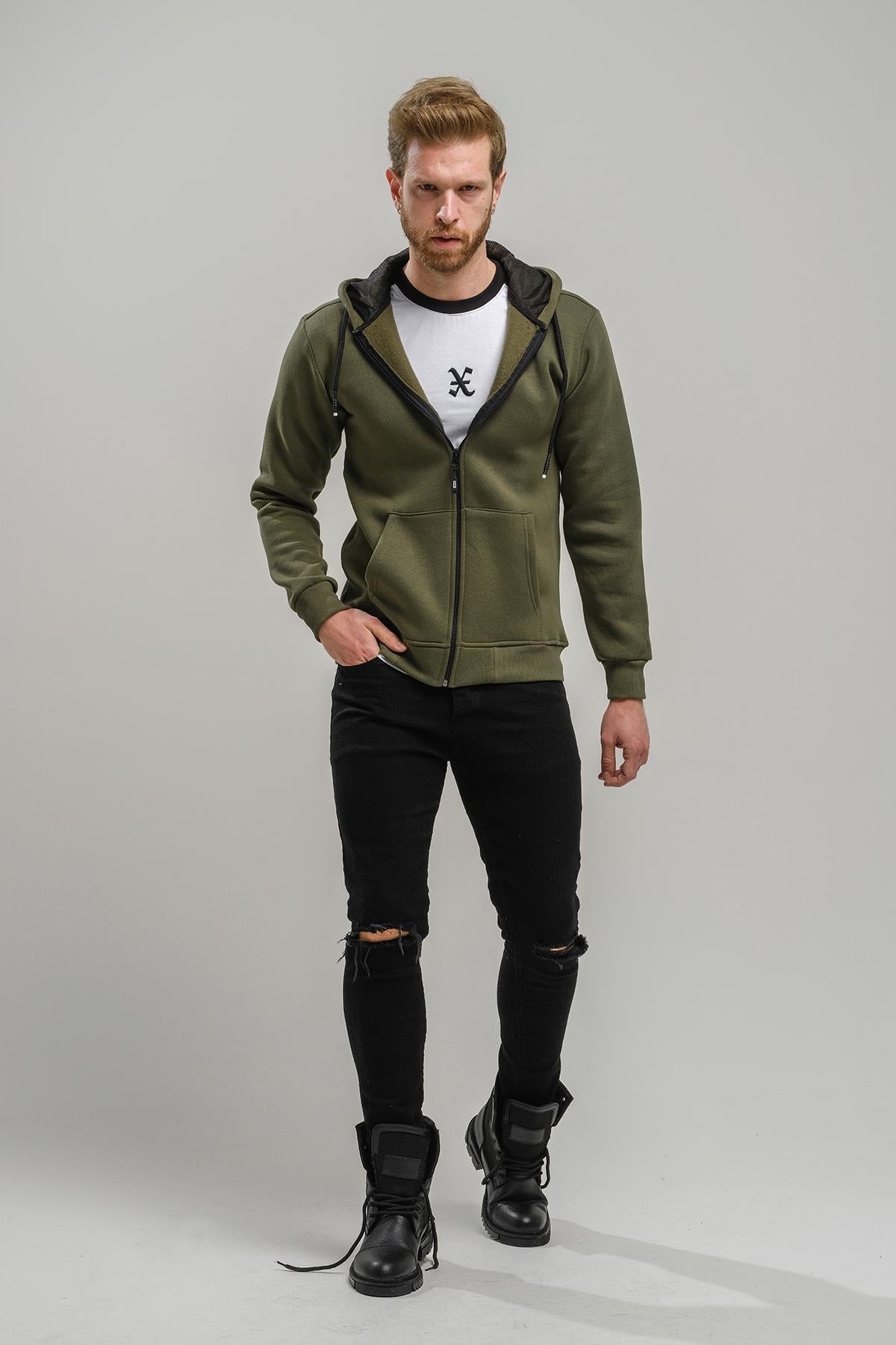 Regnault Üç İplik Pamuklu Kapüşonu File Detaylı Fermuarlı Sweatshirt