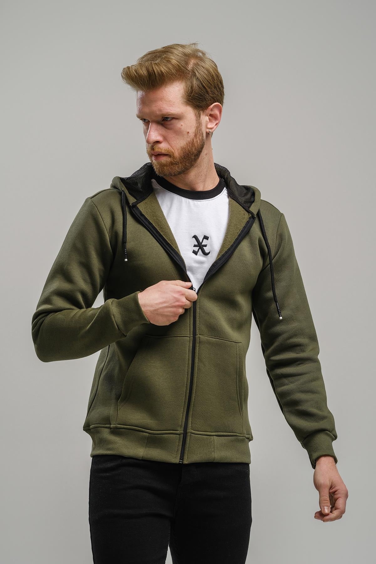 Regnault Üç İplik Pamuklu Kapüşonu File Detaylı Fermuarlı Sweatshirt