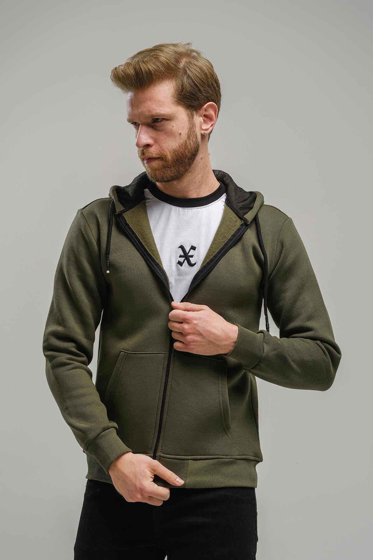 Regnault Üç İplik Pamuklu Kapüşonu File Detaylı Fermuarlı Sweatshirt