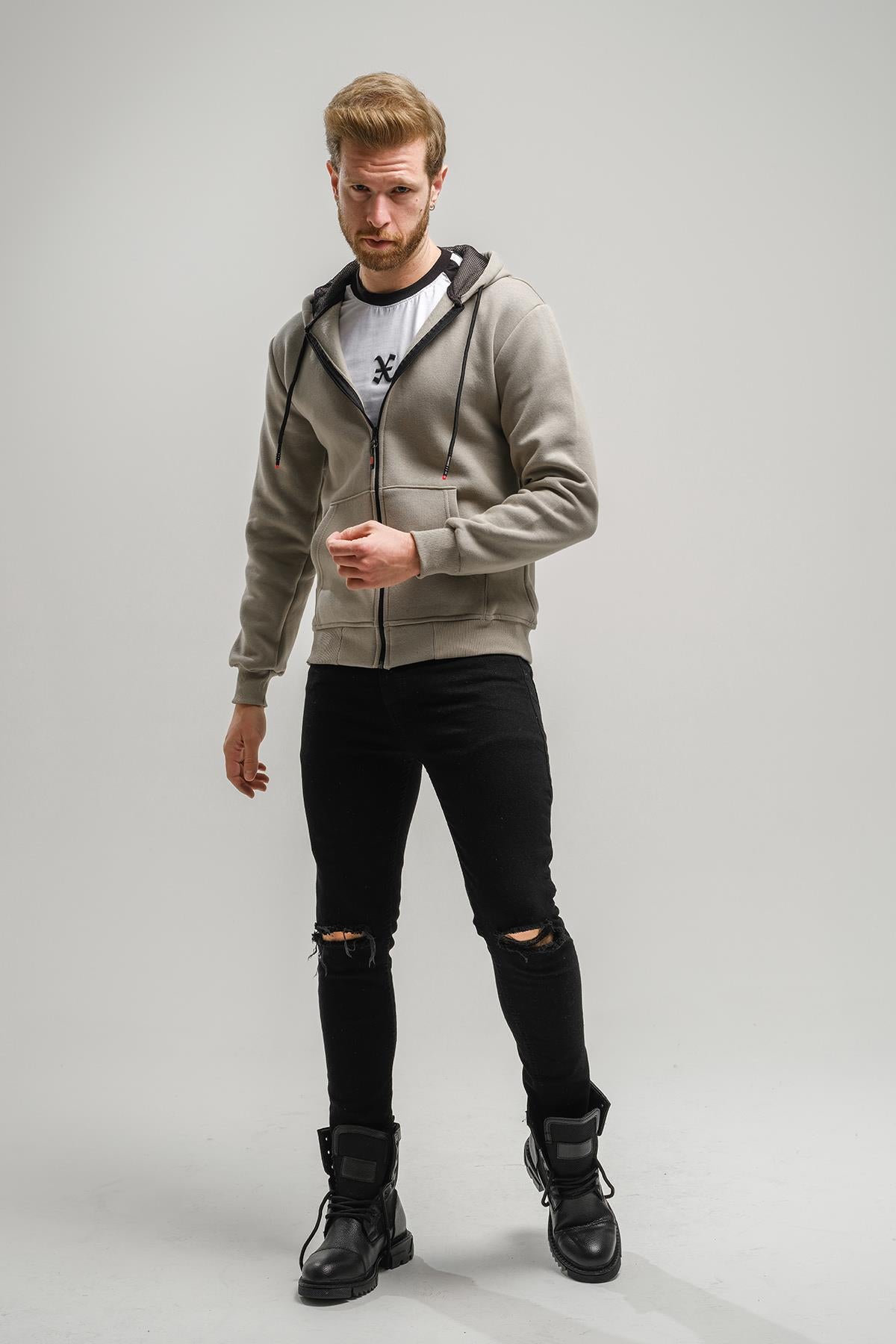 Regnault Üç İplik Pamuklu Kapüşonu File Detaylı Fermuarlı Sweatshirt