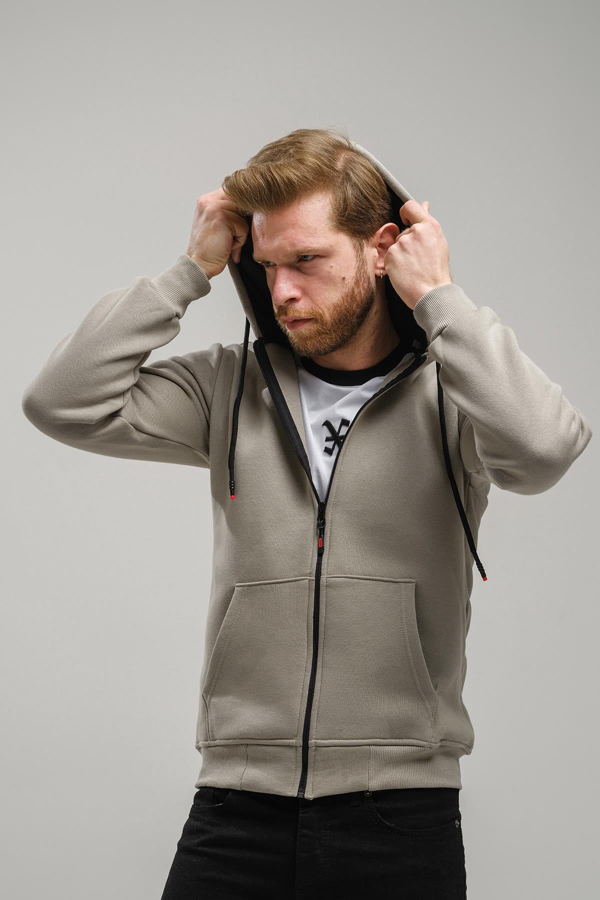 Regnault Üç İplik Pamuklu Kapüşonu File Detaylı Fermuarlı Sweatshirt