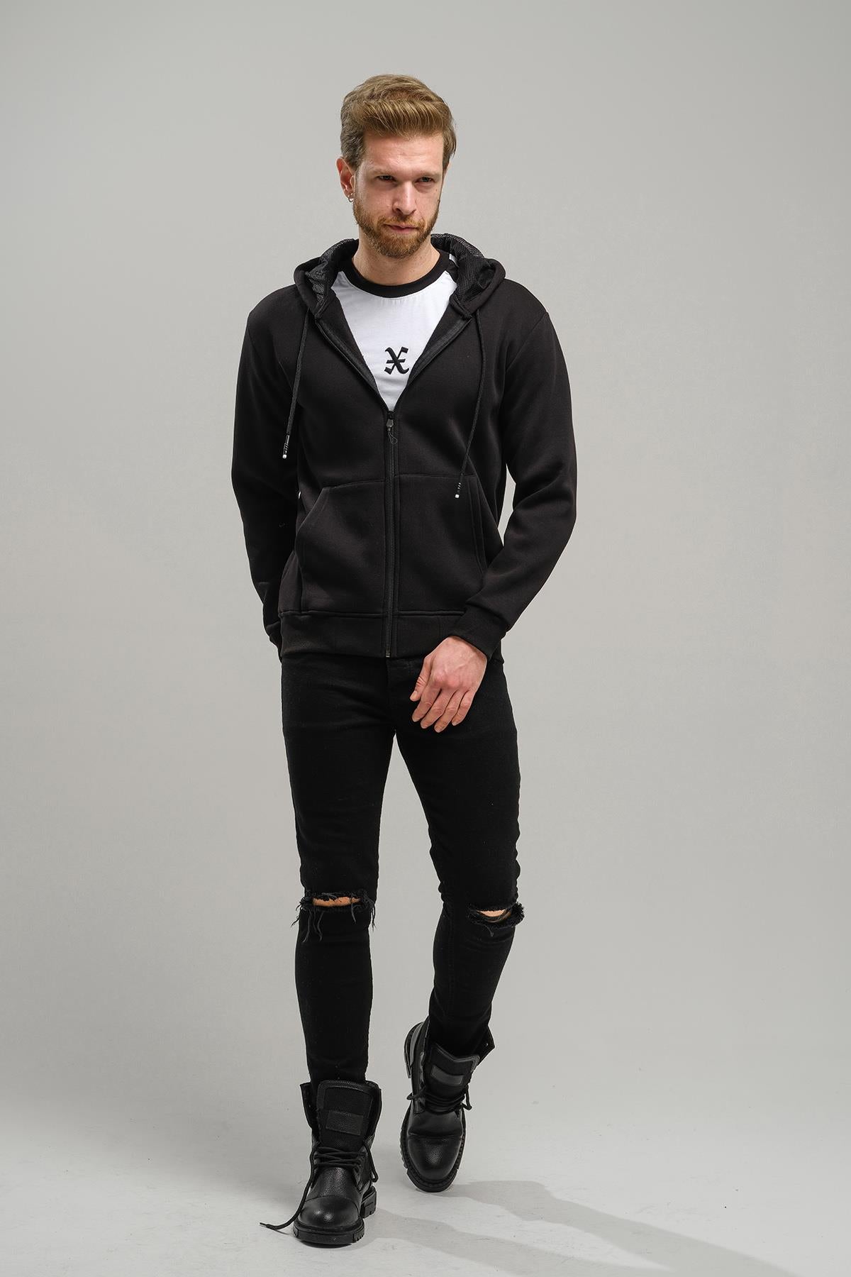 Regnault Üç İplik Pamuklu Kapüşonu File Detaylı Fermuarlı Sweatshirt