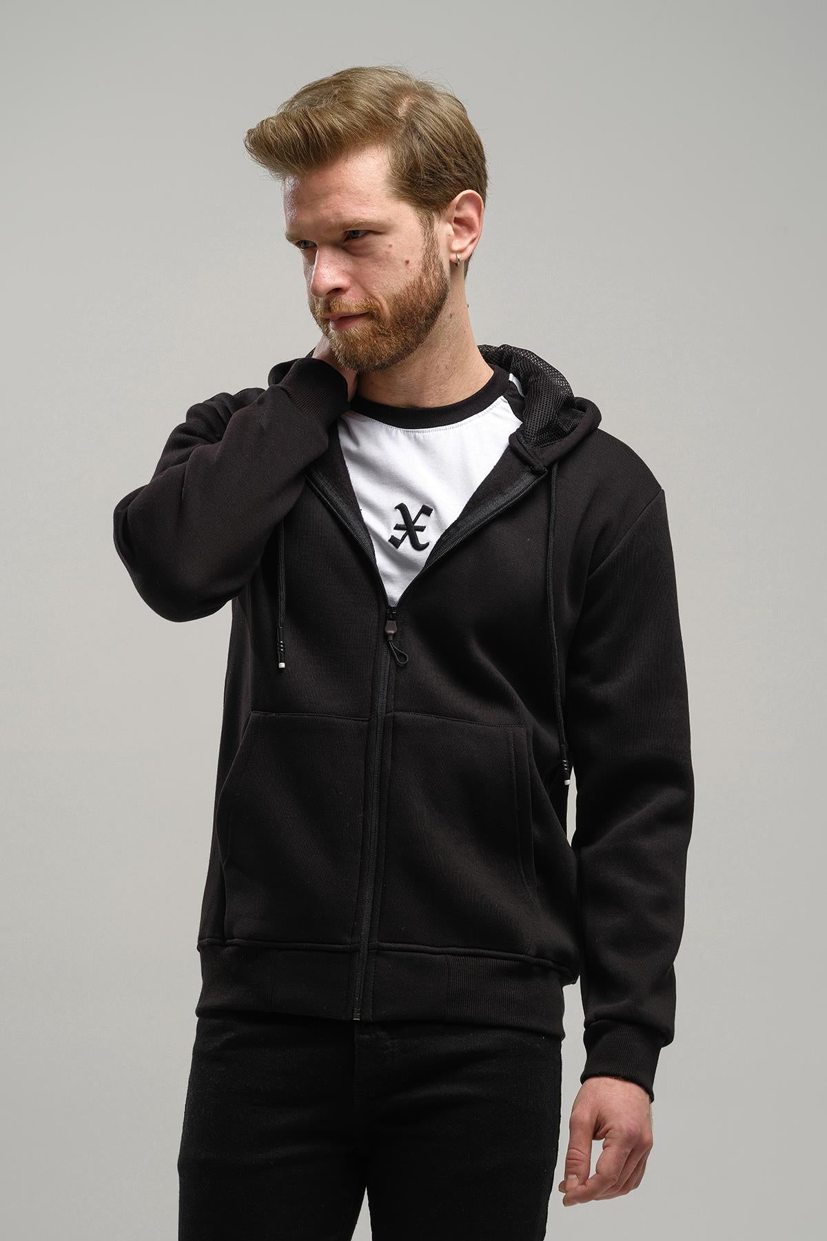 Regnault Üç İplik Pamuklu Kapüşonu File Detaylı Fermuarlı Sweatshirt