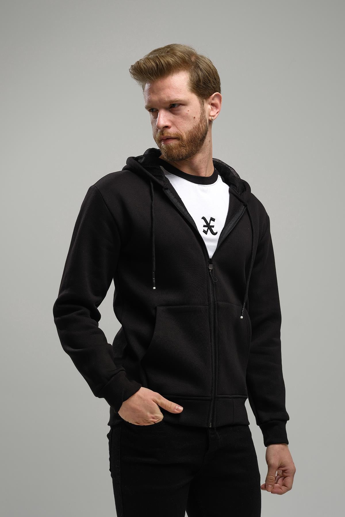 Regnault Üç İplik Pamuklu Kapüşonu File Detaylı Fermuarlı Sweatshirt