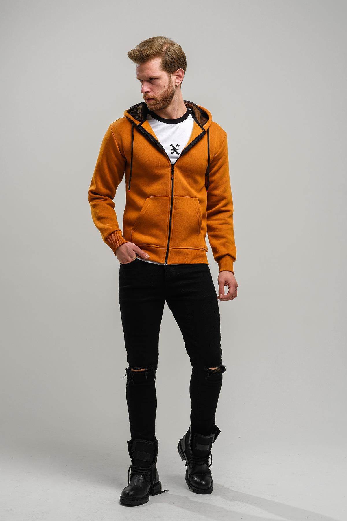 Regnault Üç İplik Pamuklu Kapüşonu File Detaylı Fermuarlı Sweatshirt