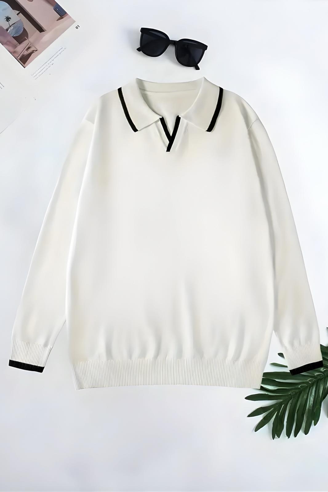 Roxy Slim Fit Yakası ve Kolu Şeritli Erkek Polo Yaka Triko Kazak