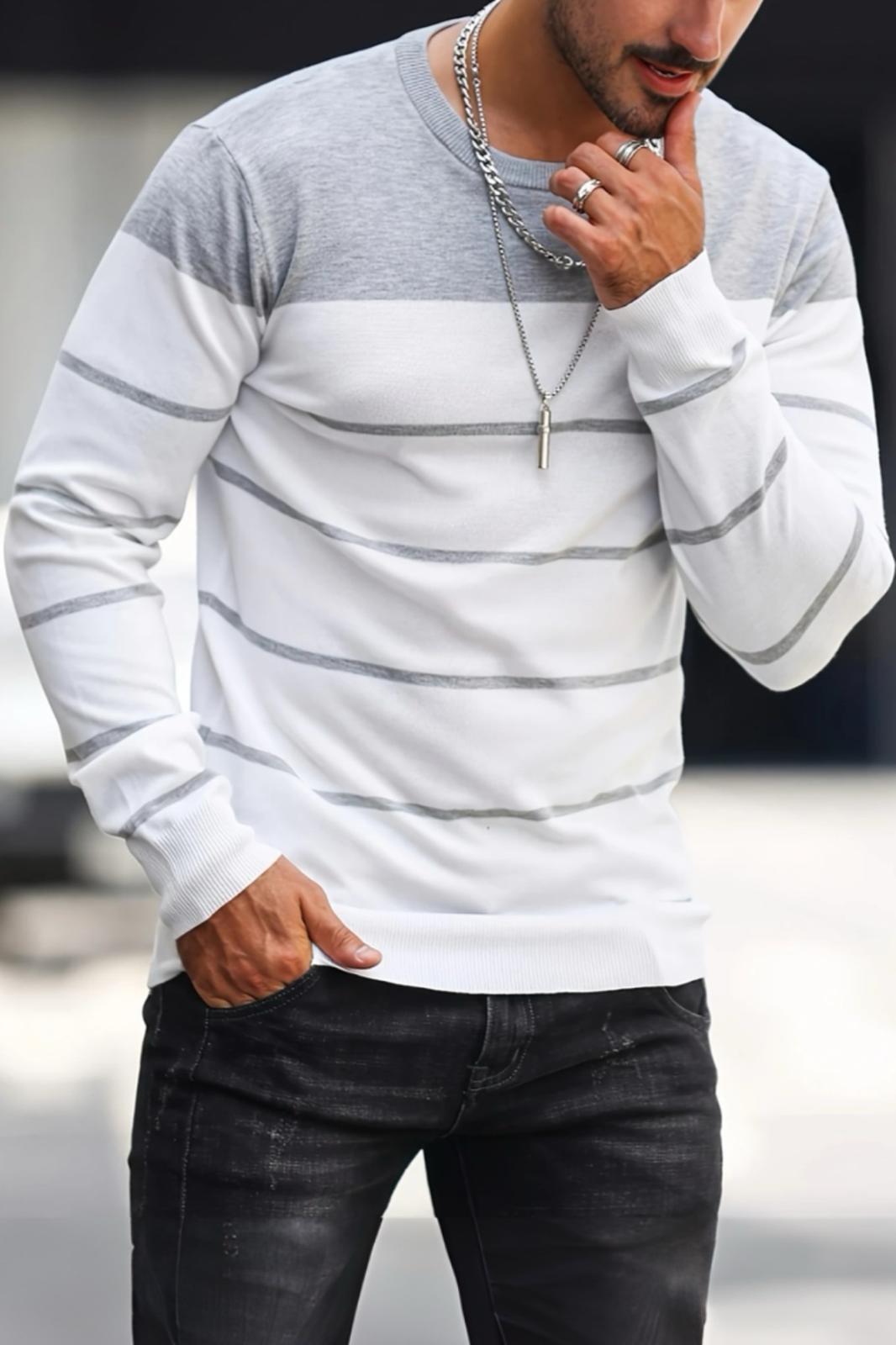 Santi Slim Fit Çizgili Bisiklet Yaka Erkek Triko Kazak