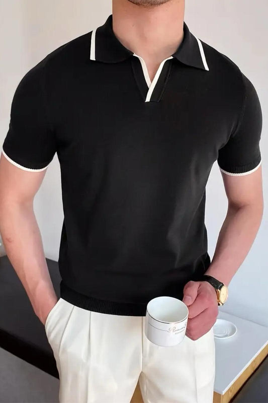 Santos Yakası ve Kolu Şeritli Likralı Slim Fit Polo Yaka Örme Erkek Triko Tshirt
