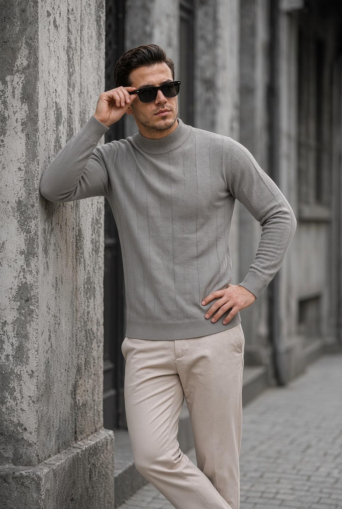 Seka 917 Çizgili Pamuk Slim Fit Erkek Yarım Balıkçı Kazak