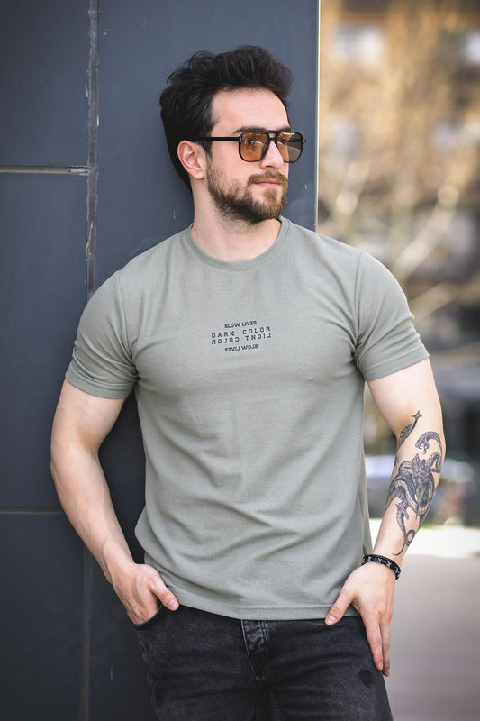 Slow Lives Waffle Kumaş Bisiklet Yaka Baskılı Erkek Tshirt