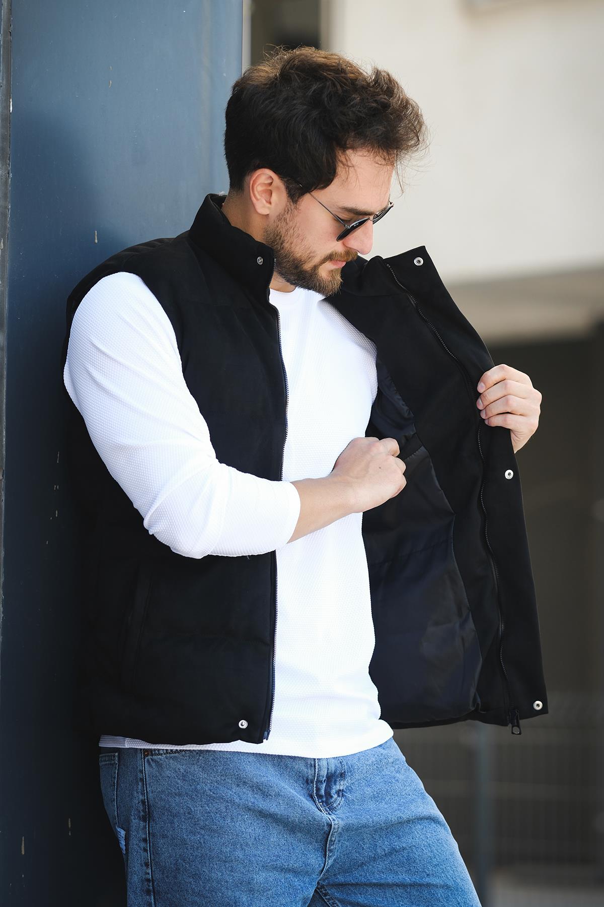 Taff Cepli Dik Yaka Dolum Erkek Şişme Süet Nubuk Yelek