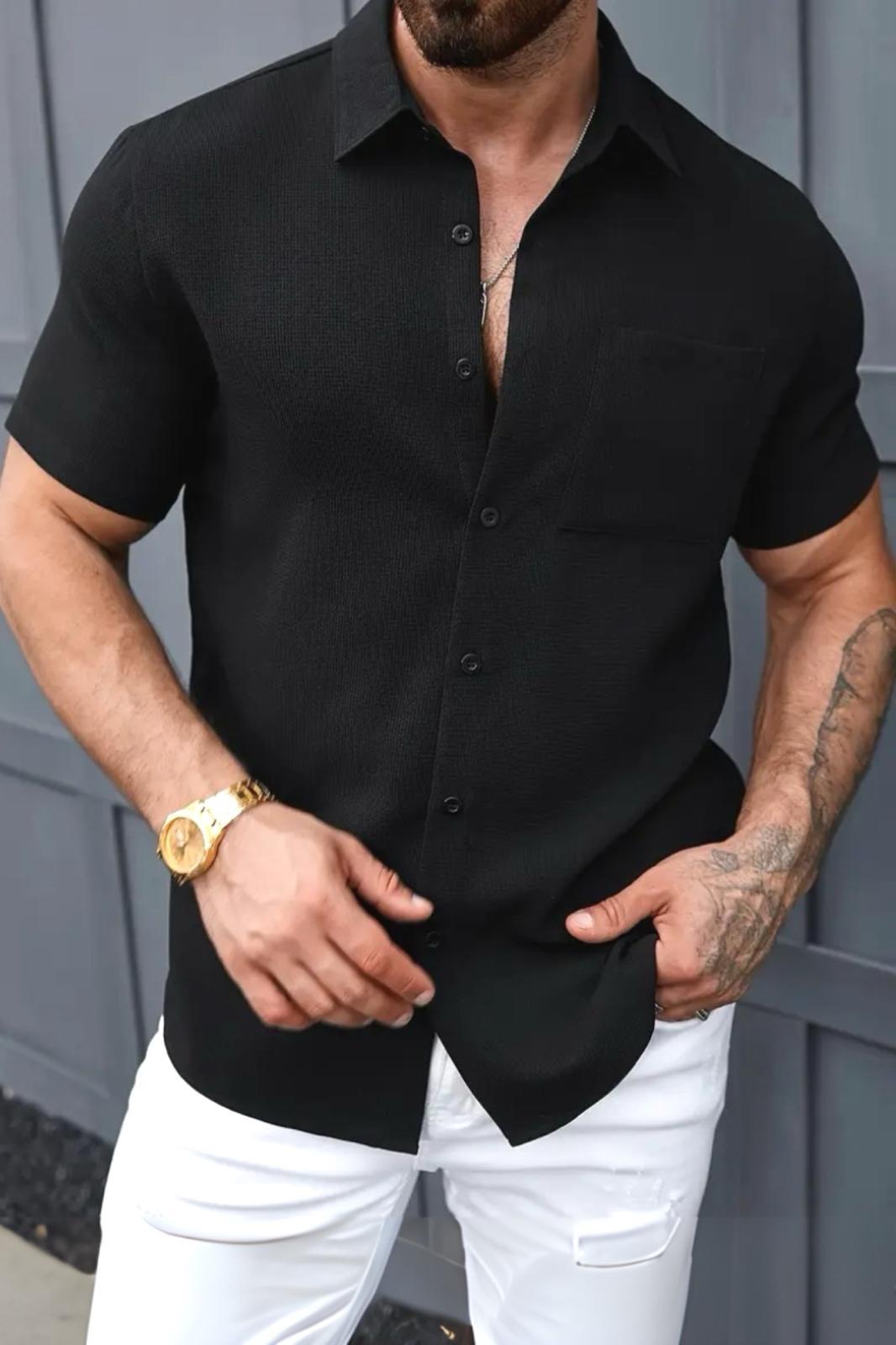 Theo Slim Fit Esnek Likralı Kısa Kol Ayaklı Yaka Erkek Gömlek