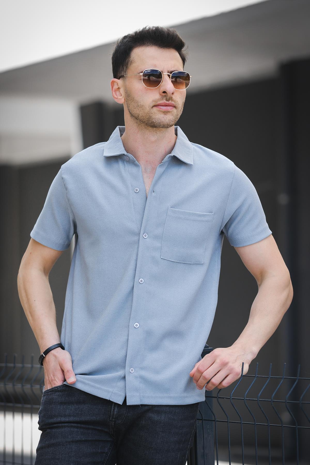 Theo Slim Fit Esnek Likralı Kısa Kol Ayaklı Yaka Erkek Gömlek